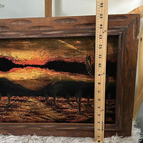 Vintage Desert Sunset Black Velvet Painting Wooden Framed Desert Landscape - Picture 17 of 17